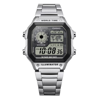 Casio World Time – Silver Edition Where Digital Precision Meets Timeless Style