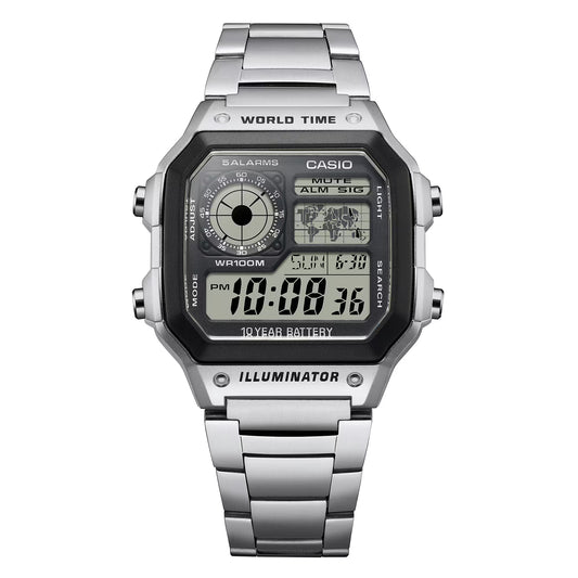 Casio World Time – Silver Edition Where Digital Precision Meets Timeless Style